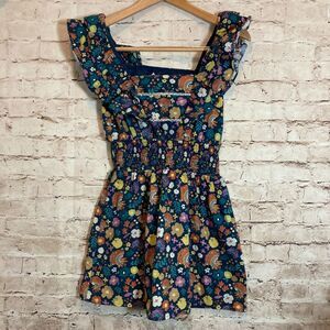 Playa Lucila Dress Womens XS Navy Blue Floral Mini Fit &‎ Flare Flutter Sleeve